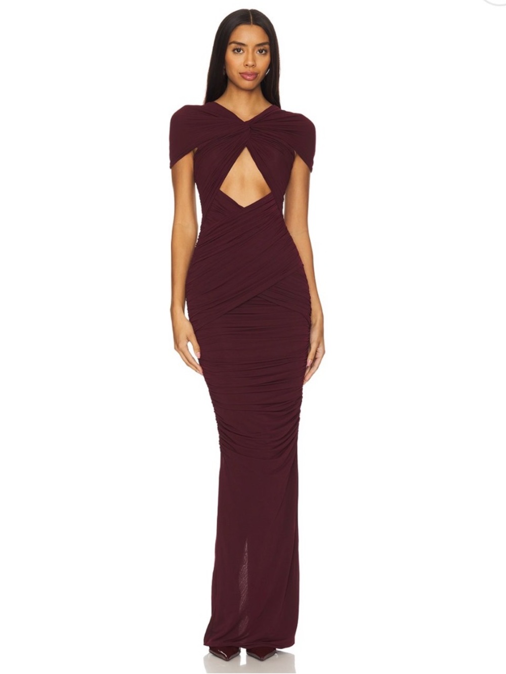 Ronny Kobo Collection Burgundy Cutout Ruched Maxi Dress